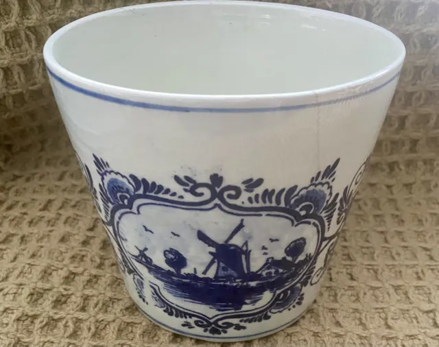 Vintage Hand Painted Holland Delft Blue Flower Pot Planter Floral Windmill