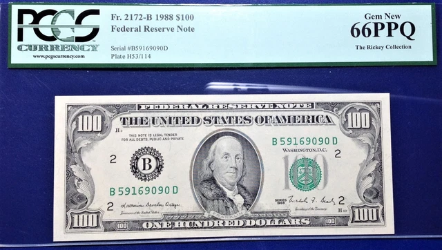 1988 $100 Federal Reserve Note Fr-2172-B New York PCGS66 Gem PPQ
