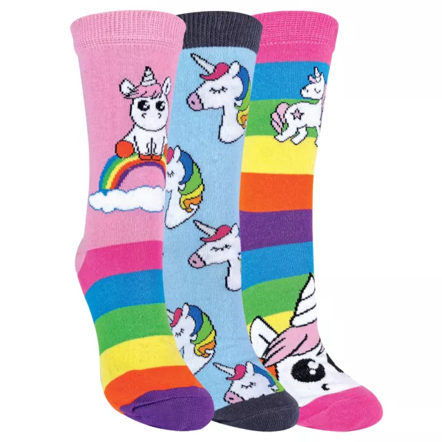 3er Pack Damen Einhorn Socken mit Bunt Regenbogen Streifen mit Baumwolle