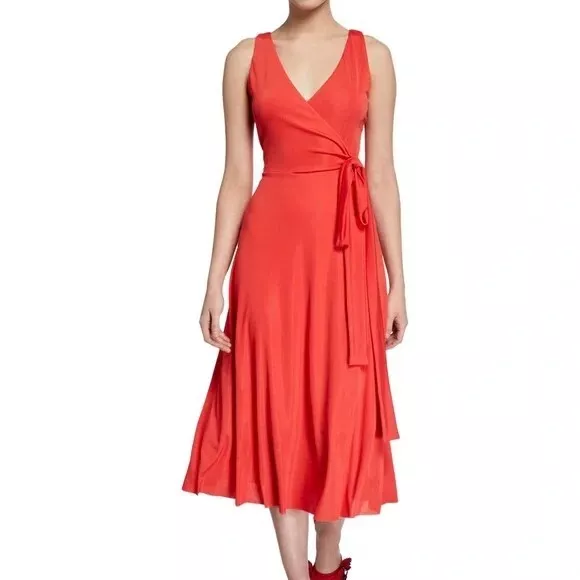 Club Monaco Jadrien Wrap Midi Dress Ribbed Coral Orange Sleeveless L NWT ($170)