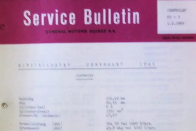 * Chevrolet Corvette Einstelldaten Datenblatt Service 1965  deutsch