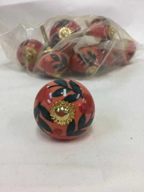 4 x Cabinet Door knob handpainted porcelain brass thread fittings made in India