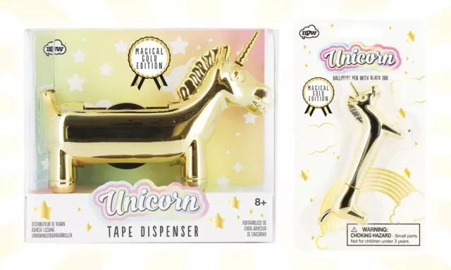 Magical Gold Edition Unicorn Tape Dispenser & Ballpoint Pen Black Ink Set