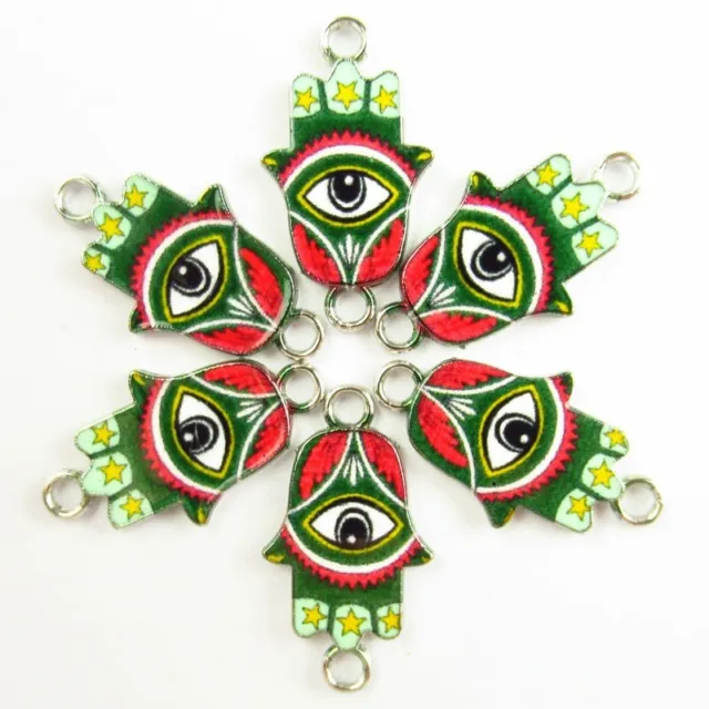 6Pcs Red Green Enamel Tibetan Silver Evil Eye Hand Pendant Bead PJ2926