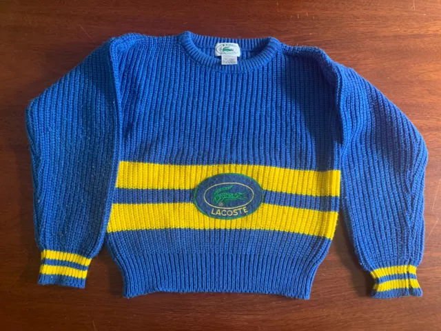 Vintage 80s Izod Lacoste Blue Yellow Knit Sweater Youth Kids Size M 6