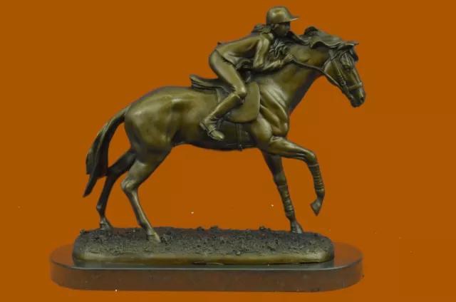 Very Large Solid Bronze Equestrian Horse With Jockey On Marble Base Hot Cast