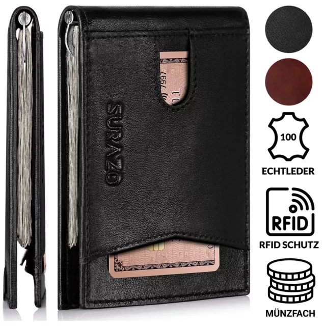 SURAZO® Echtleder Herren Geldbörse Geldklammer RFID Slim Münzfach Leder Klein