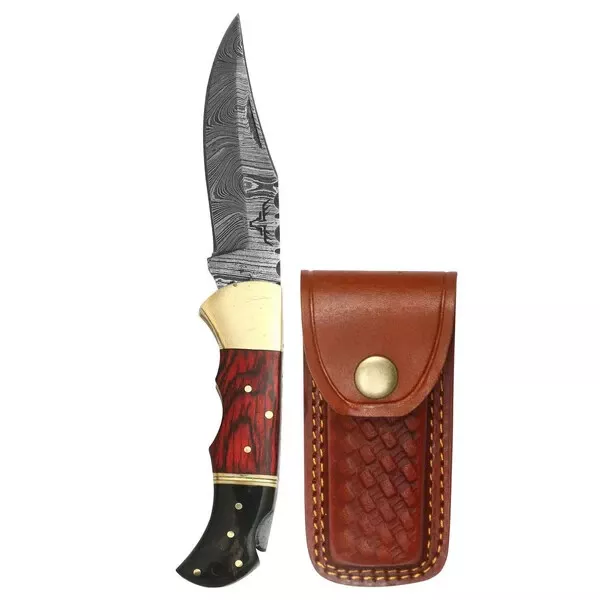 CLASSIC LOCKBACK FOLDING Knife Wood Handle with Premium Cowhide Leather ...