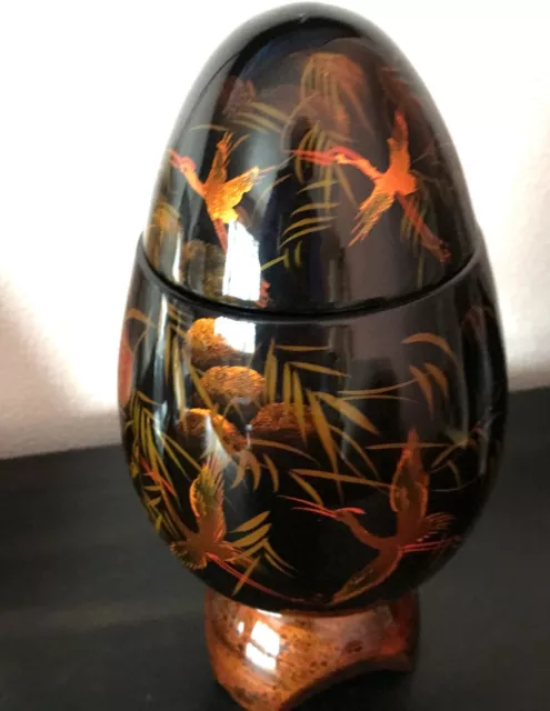 Vietnam Lacquerware Large Egg Container Black Orange Cranes Removable Top