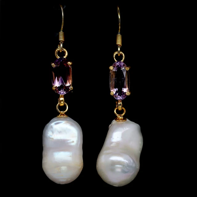 White Baroque Pearl & Pink Amethyst Earrings 925 Sterling Silver 18K Gold Plated