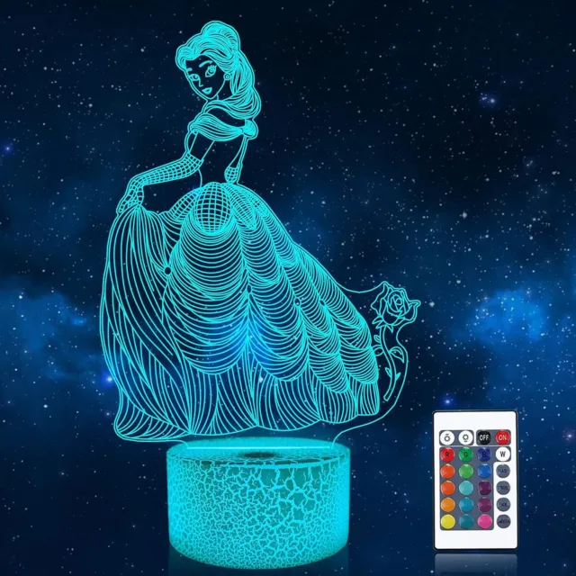 Princess 3D Lampada per Ragazze LED Illusion Luce Notturna con 16 Colori