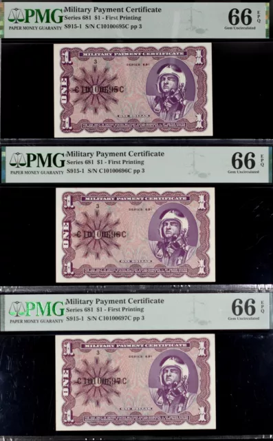 3X Consecutive $1 Military Payment Certificates Series 681 PMG 66 EPQ