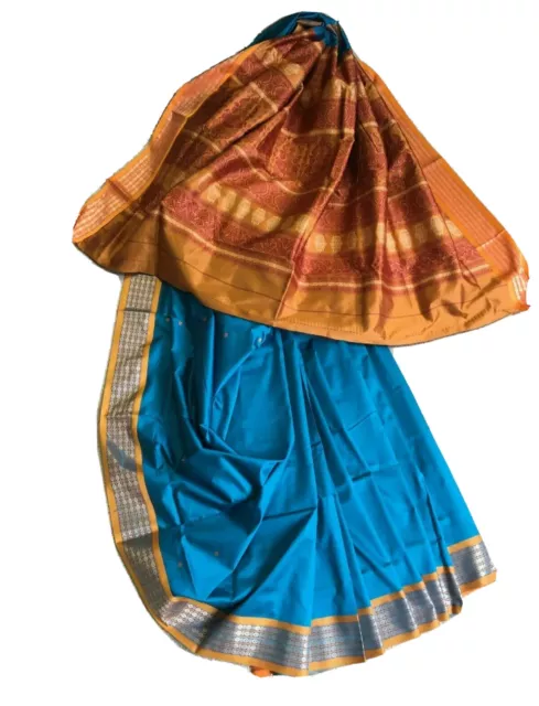 Blue & Bronze saree with bronze pallu & matching bronze unstitched blouse piece 