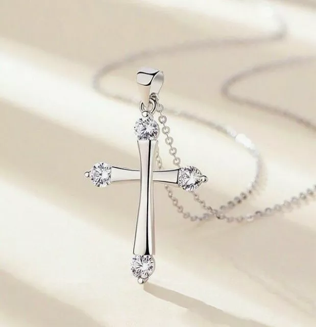 Crystal Cross Pendant Chain Necklace 925 Sterling Silver Jewellery Gift UK