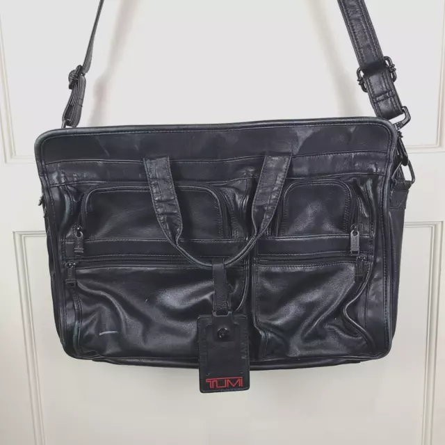 TUMI Alpha Black Napa Leather 17” Messenger Laptop Briefcase Bag