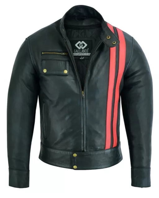 Black Smart Cafe Racer Retro Style Red Striped Biker Leather Jacket Motorcycle