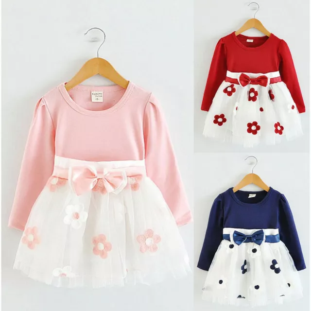Toddler Kids Baby Girls Long Sleeve Tulle Patchwork Flower Bow Dresses Clothes