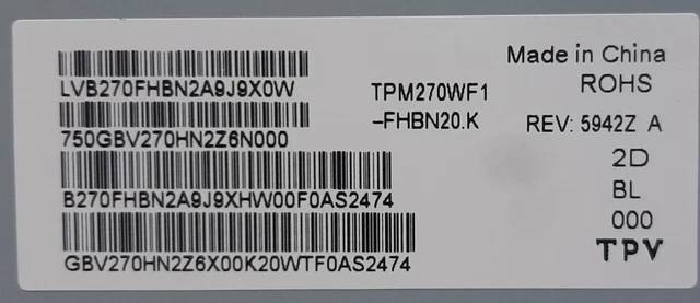 PANEL LCD TPM270WF1-FHBN20.K REV:5942Z , Open cell panel MV270FHB-N20 ...