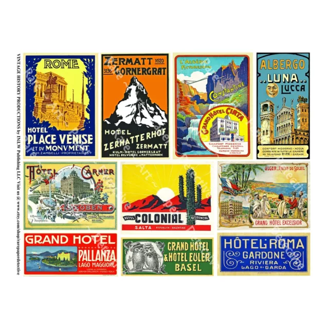 Hotel Luggage Labels, 3 Sticker Sheets, REPRODUCTIONS Labels, Vintage Travel Tag