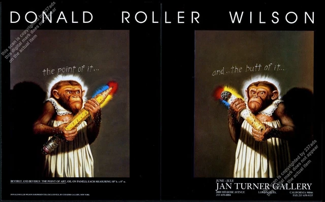 1990 Donald Roller Wilson 2 Beverly chimpanzee painting CA gallery vtg print ad