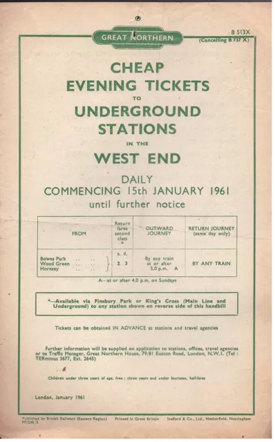 British Railways (Great Northern) 1961 Handbill Cheap Evening Tickets - West End