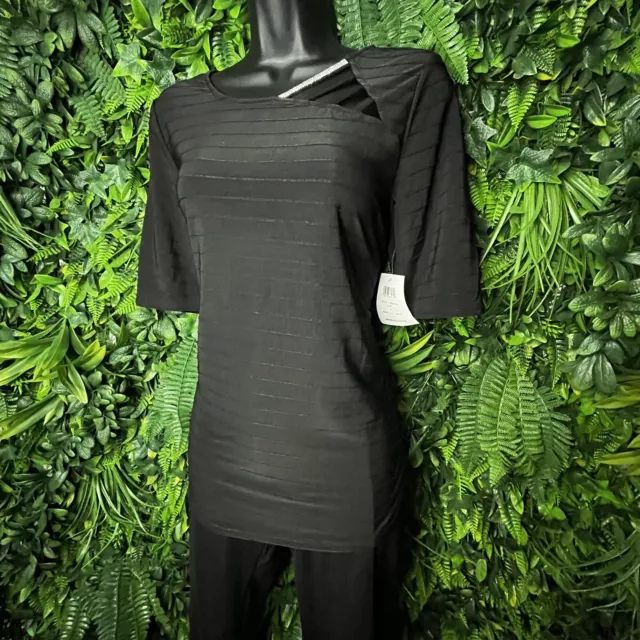 Women Tops Medium Black V Neckline Blouse Stoned Accent NWT 89TH + MADISON 0665