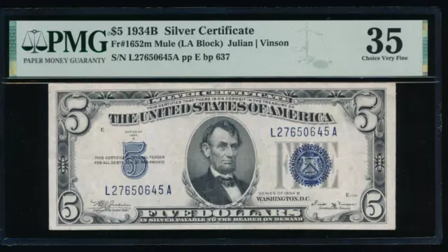 AC 1934B $5 Silver Certificate PMG 35 mule late back plate 637 Fr 1652