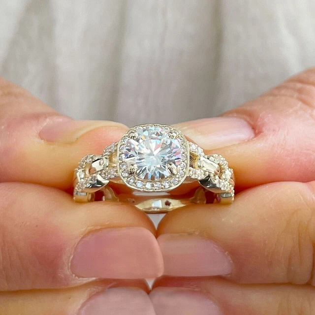 14k Yellow Gold Plated Silver 2 Ct Round Cut Natural Moissanite Engagement Ring