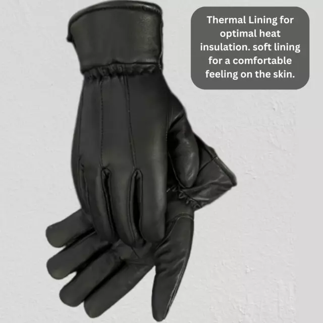 Mens Black Leather driving Winter Gloves Thermal Soft Fleece Lined 2