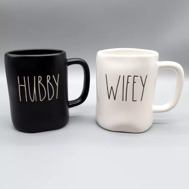 Rae Dunn Farmhouse Style Black HUBBY and White WIFEY Pair of Coffee Mugs