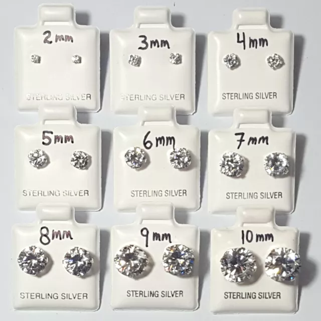 925 Sterling Silver Round Cut Clear Cubic Zirconia Stud Earrings Assorted Sizes