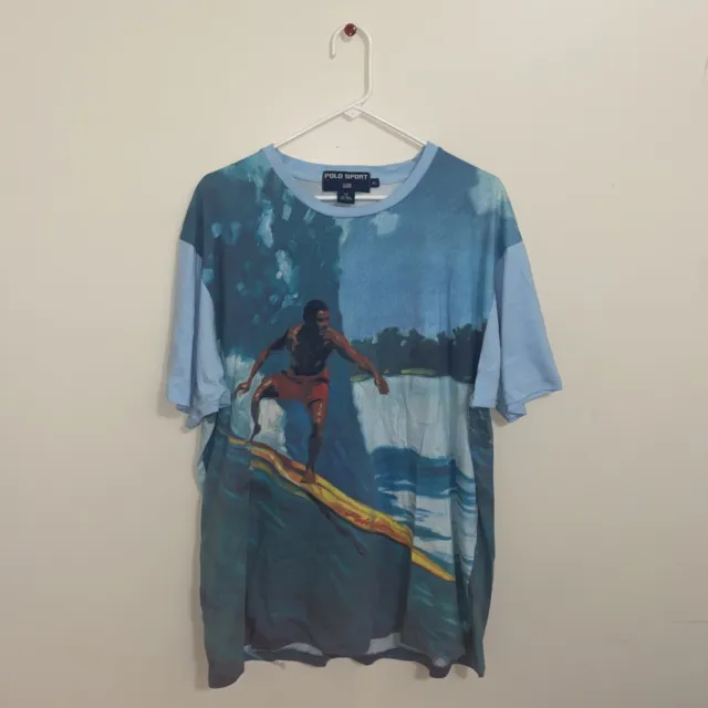 Vintage 90s Polo Sport Ralph Lauren Surfing All Over Print T Shirt Surf L  RARE