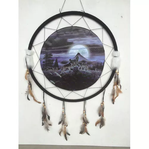 Giant 26" Wolf Wolves Howl Moon Night Scene Mountain Dream Catcher Feathers 2669