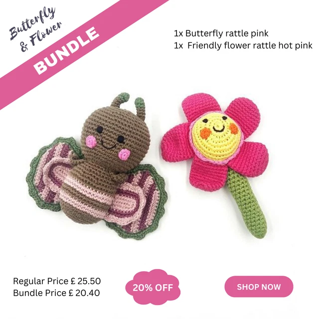 Pacchetto farfalle e fiori giocattolo morbido lavorato a mano | regalo bambino | commercio equo |