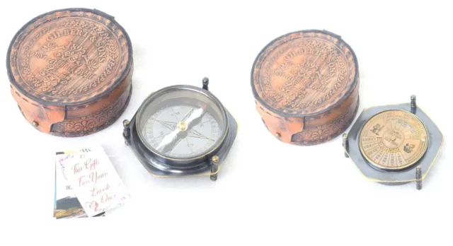 Solid Brass Compass Handmade Working Directional Calendar Compass W Case & Gift