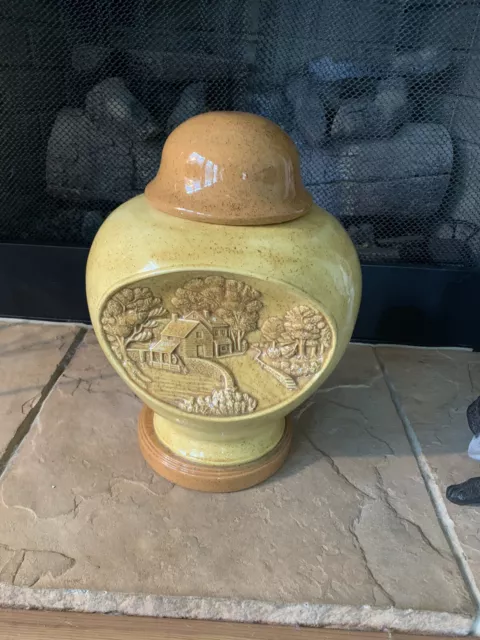 Vintage 1978 Hershey Molds Ceramic house/trees Lidded Urn Jar Vase Hand Painted
