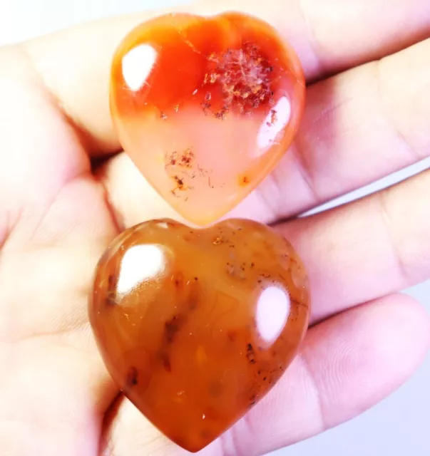 2pcs Natural Colorful Red Orange Carnelian Agate Quartz Crystal Heart Palm Stone