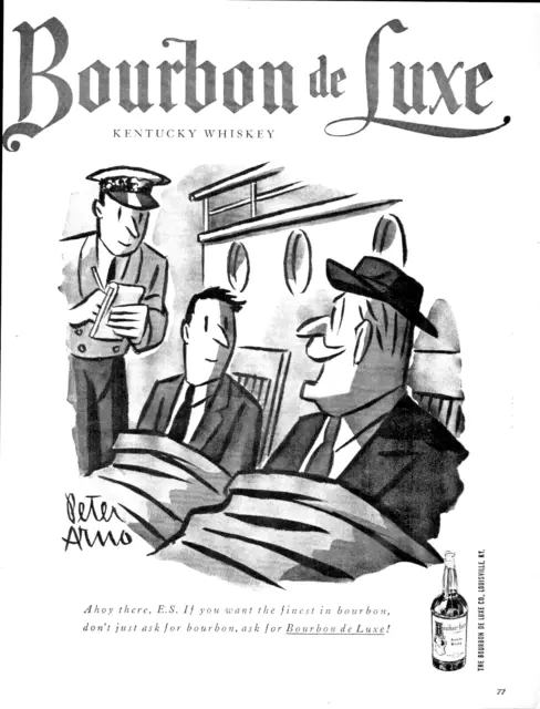 1953 Bourbon Deluxe Peter Arno Cartoonist Vintage Print Ad 2 Men Ordering Waiter