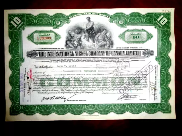 The International Nickel Co of Canada Ltd share  certificate  1930