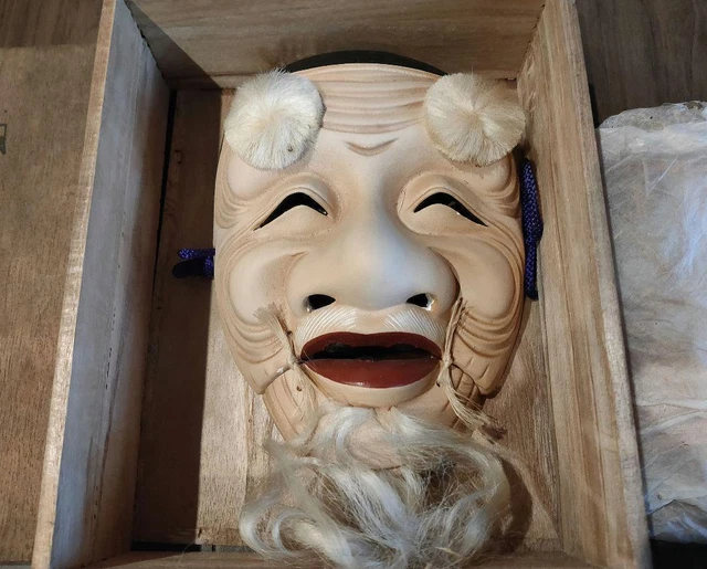 No Mask Okina Antique Japanese Man Vintage fatto a mano in ceramica con scatola