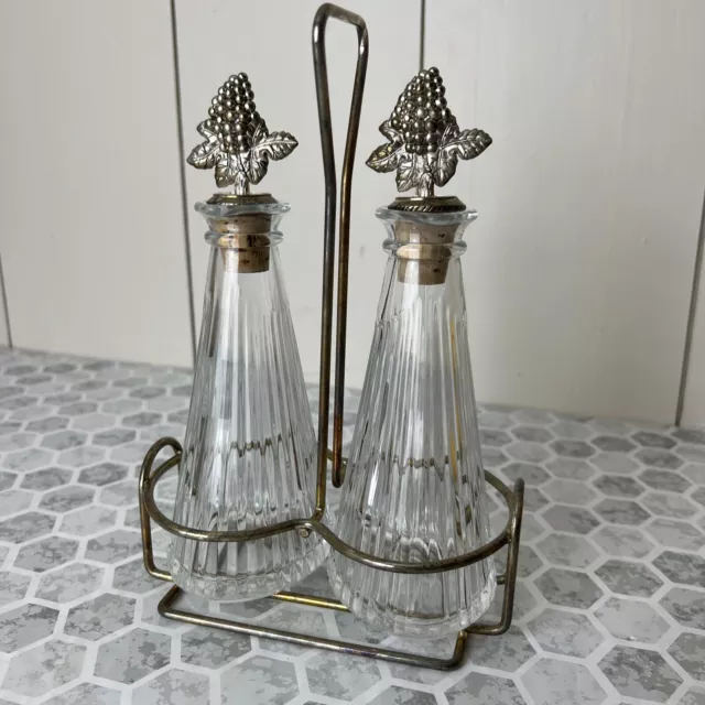 Botellas Cruet de aceite/vinagre de vidrio de colección con tapones carrito plateado de 7