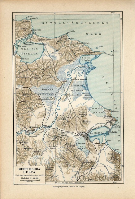 1895 TUNISIA MEDJERDA RIVER DELTA Antique Map
