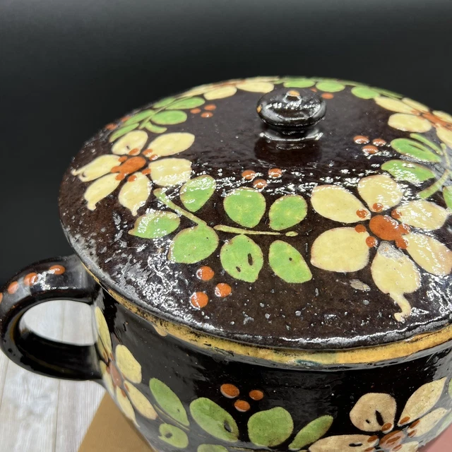 Vintage French Large Brown Glazed and Whitel Floral Pottery Tureen, Alsace Style