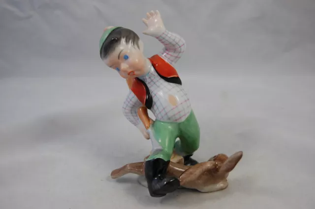 HEREND China Folk Collection Children RABBIT HUNTER BOY Porcelain Group FIGURINE