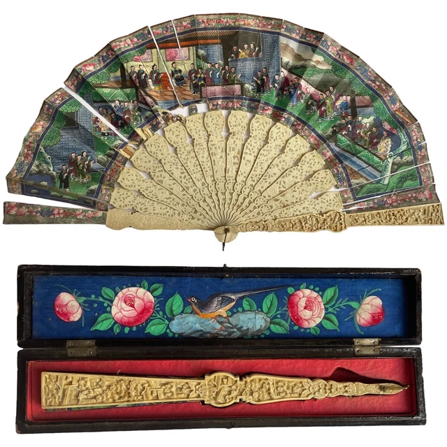 Antique CANTON Chinese Hand Painted Carved PAPER FAN with box (19th century)
