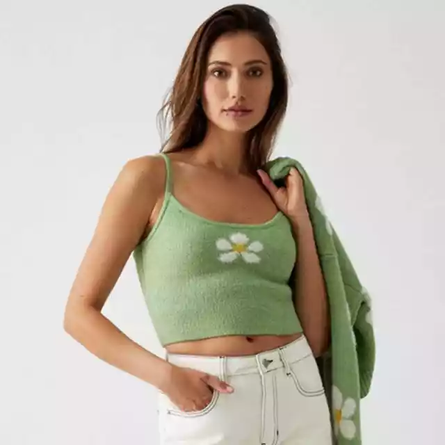 LA Hearts PAC Sun Crop Top Flower Green Fixed Straps Cardigan Not Included Sz Md