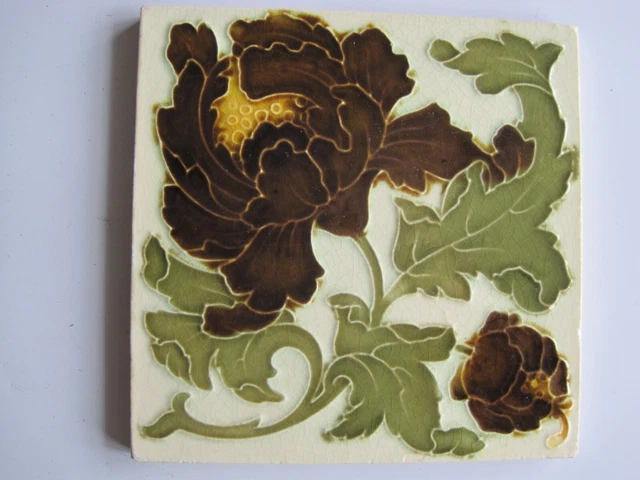 Antique Art Nouveau 6" Moulded Majolica Floral Tile - Gibbons Hinton C1909