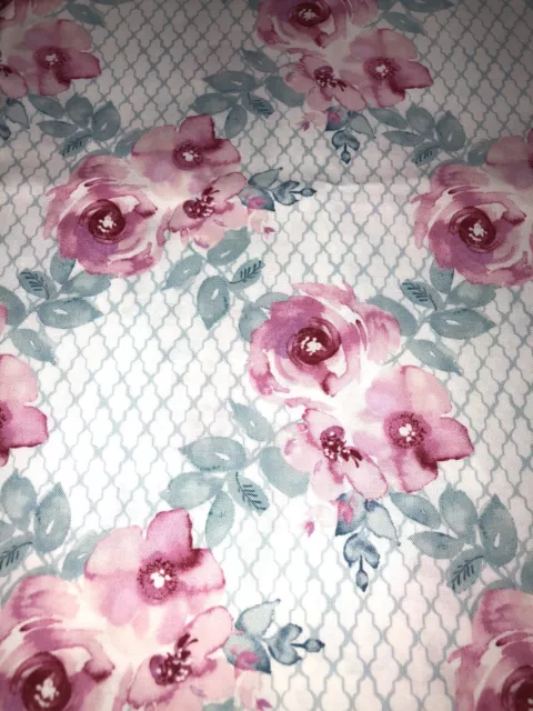 Purple Roses Floral On Blue Lattice Cotton Fabric - FQ Fat Qua Or Continuous Cut