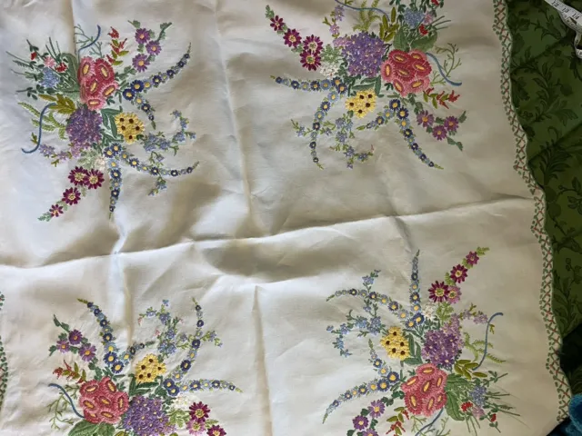EXCEPTIONAL Hand Embroidered Fairisytch  Linen Tablecloth large Selection floral