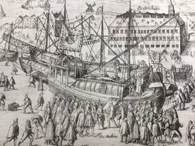 Anvers en 1581  Oosterhuis Mattias Antwerpen Navire Marine Rare Gravure Belgique